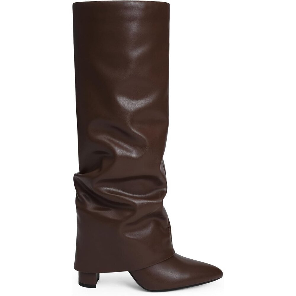 Women's Chocolate Modatope Knee High Fold Over Chunky Heels Zipper Tall Boots - Picture 2 of 7